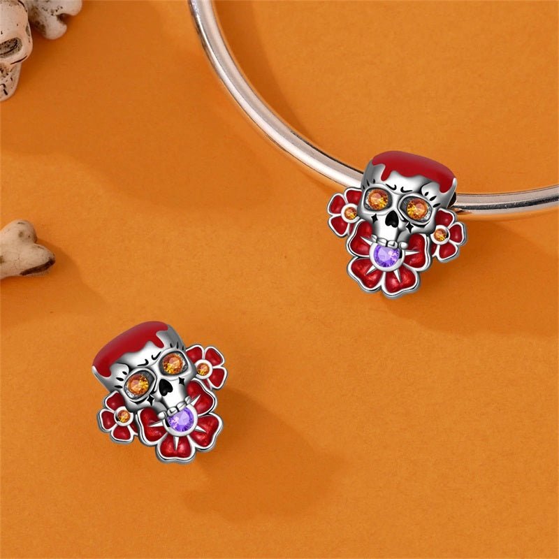 Red Sugar Skull with Flowers Charm