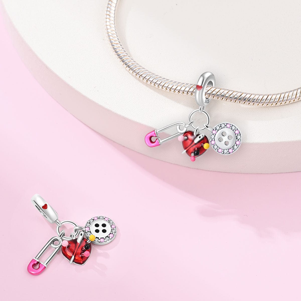 Safety Pin, Heart Pincushion, & Button Sewing Essentials Charm