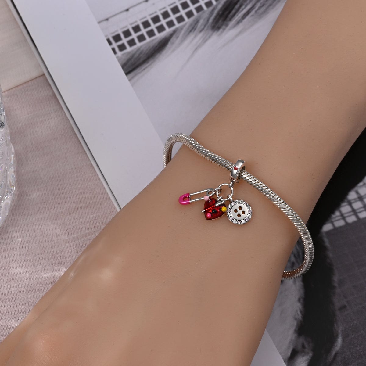 Safety Pin, Heart Pincushion, & Button Sewing Essentials Charm