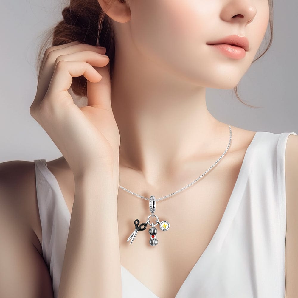 Sewing Lover's Charm with Scissor and Spool of Thread