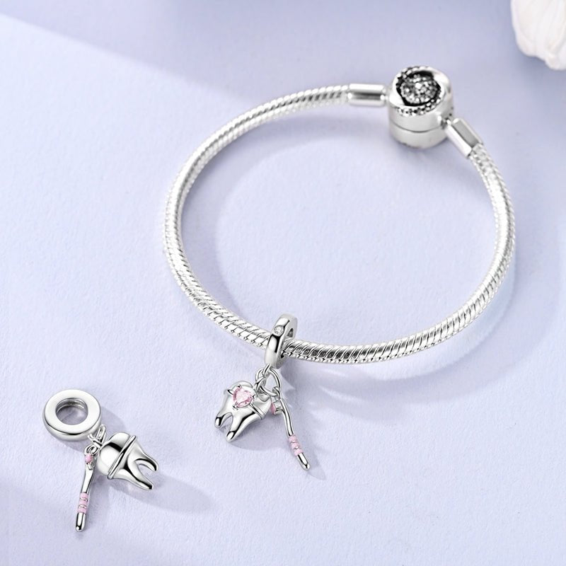 Tooth & Toothbrush Pink Heart Dangle Charm