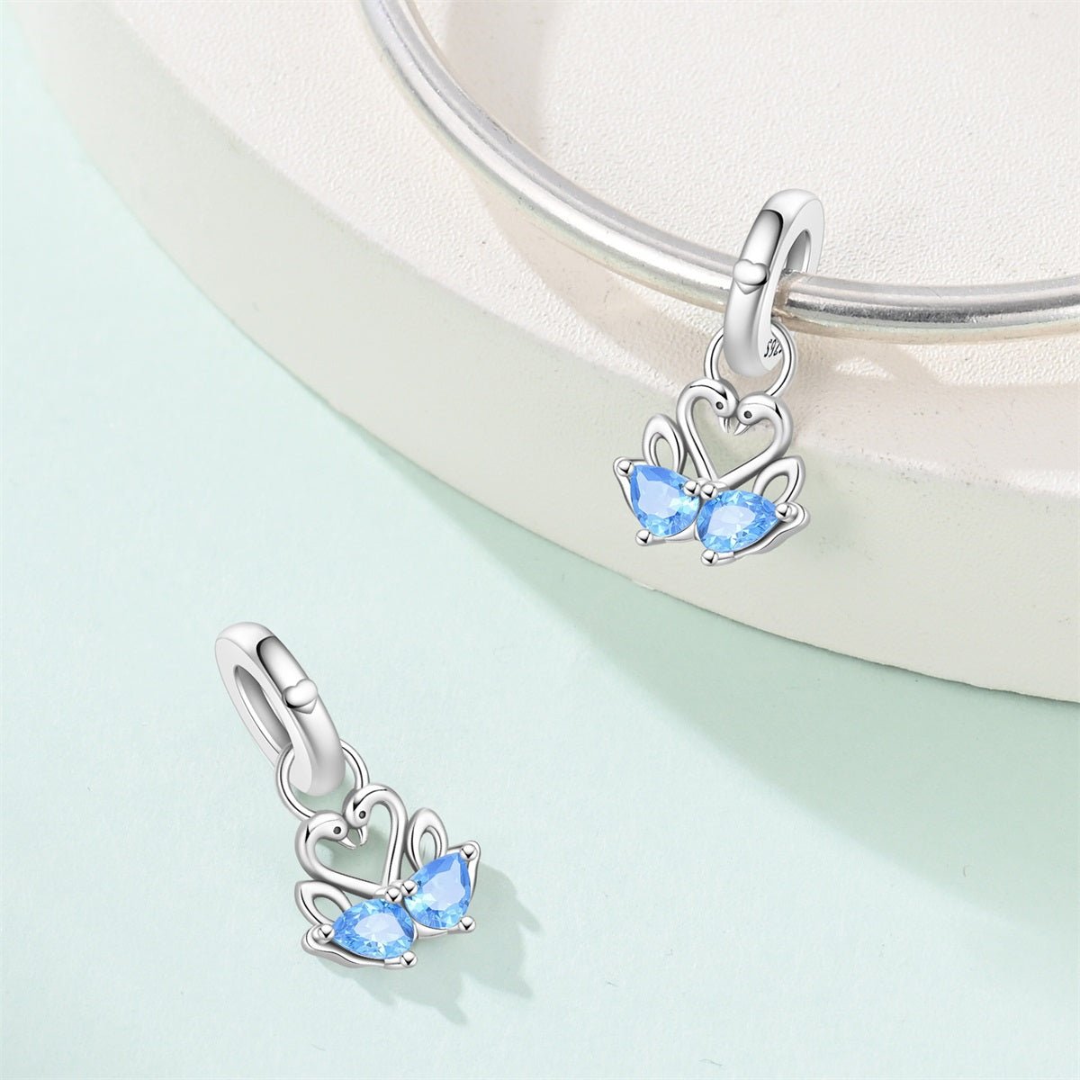 Two Swans with Blue Heart Crystals Dangle Charm