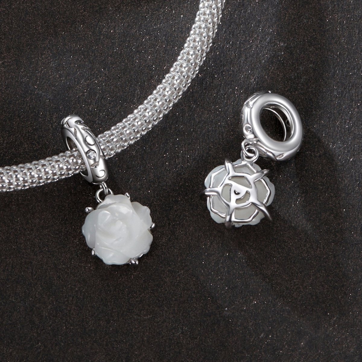 White Rose in Bloom Double Dangle Charm