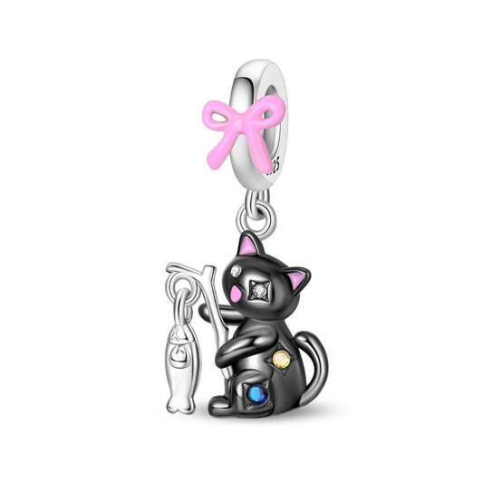 Black Cat with Fishing Rod & Crystal Accents Dangle Charm