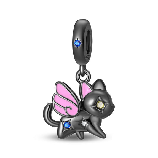 Black Cat with Pink Fairy Wings Dangle Charm