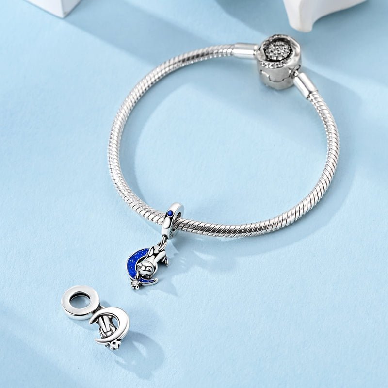 Cat on Crescent Moon with Star Dangle Charm