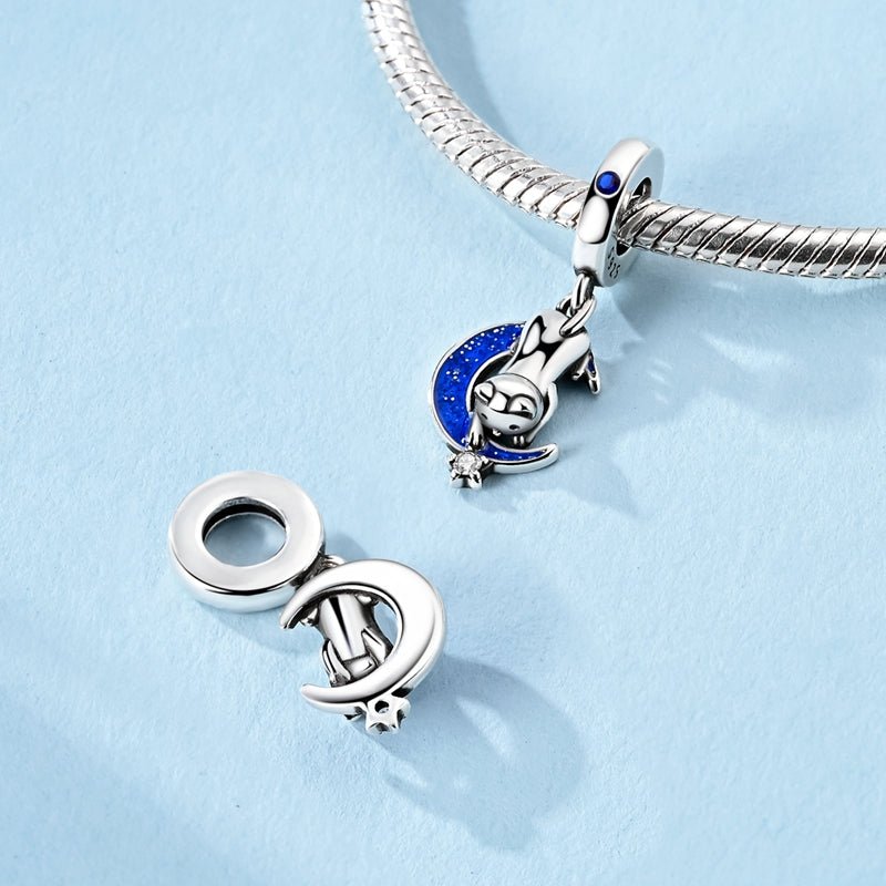 Cat on Crescent Moon with Star Dangle Charm