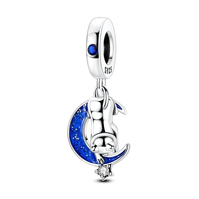 Cat on Crescent Moon with Star Dangle Charm