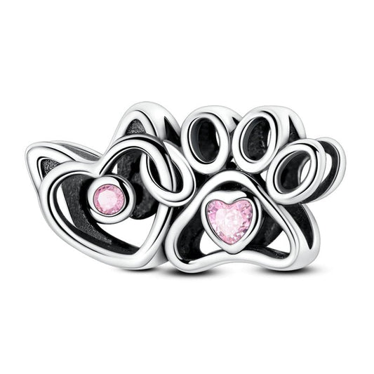 Cat & Paw Heart with Pink Crystals Charm