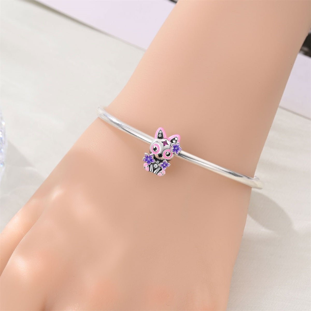 Cat with Pink & Purple Flowers Charm