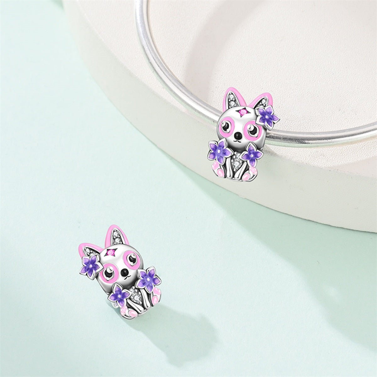 Cat with Pink & Purple Flowers Charm