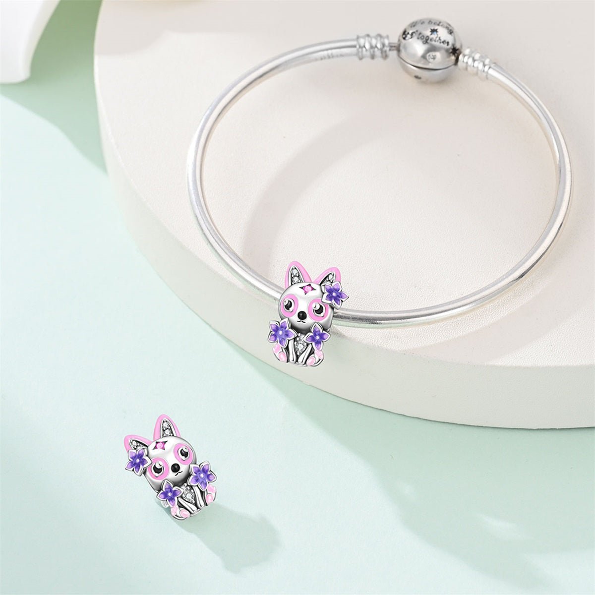 Cat with Pink & Purple Flowers Charm