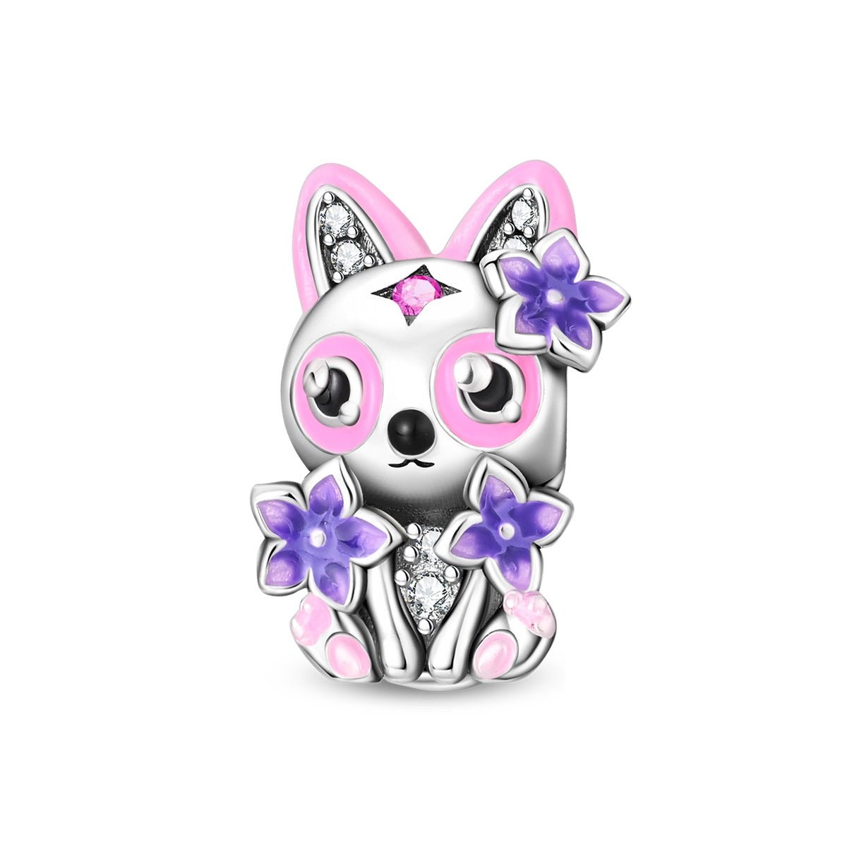 Cat with Pink & Purple Flowers Charm