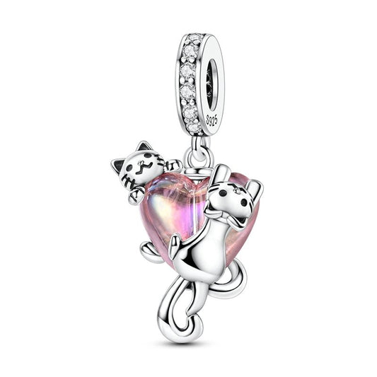 Cats Climbing Heart Crystal Dangle Charm