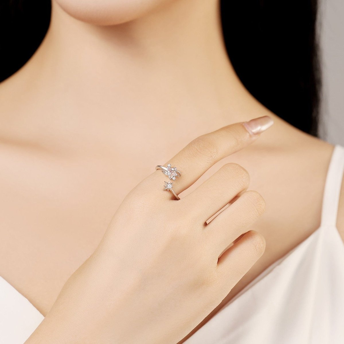 Celestial Star Duo Adjustable Ring with Sparkling Details