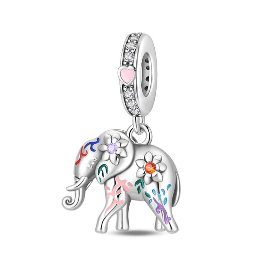 Colorful Elephant with Floral Accents Dangle Charm