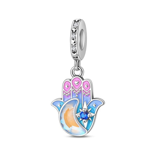 Colorful Hamsa Hand with Moon & Star Dangle Charm