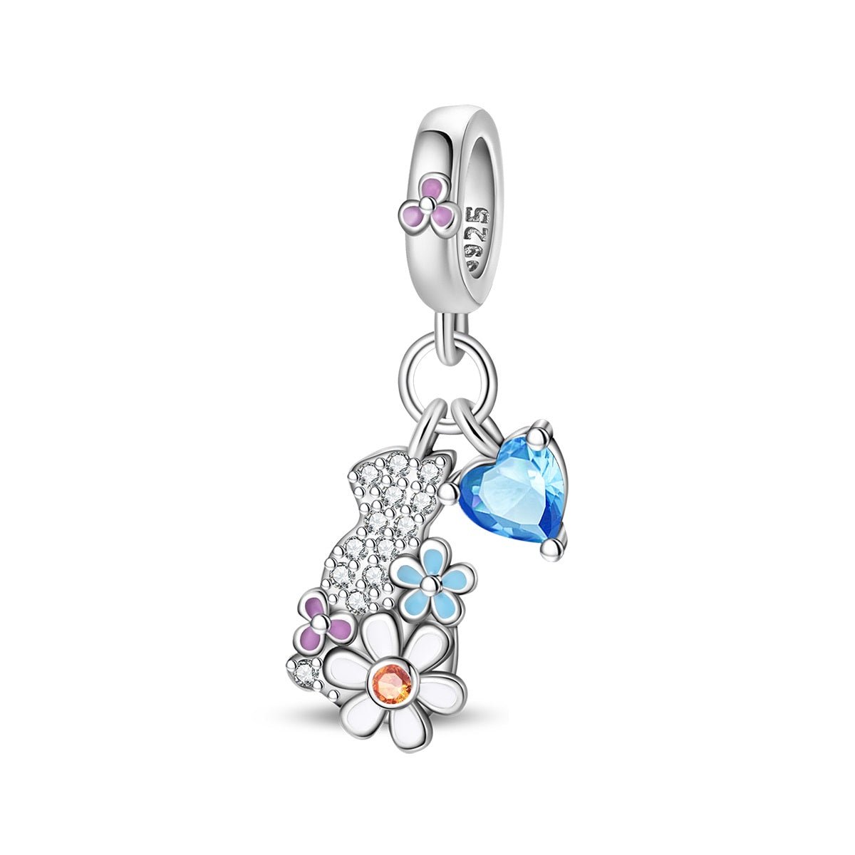 Crystal Cat, Flowers, & Blue Heart Dangle Charm