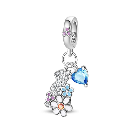 Crystal Cat, Flowers, & Blue Heart Dangle Charm