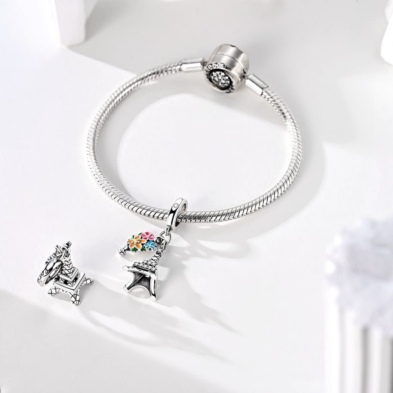 Eiffel Tower with Floral Bouquet Dangle Charm