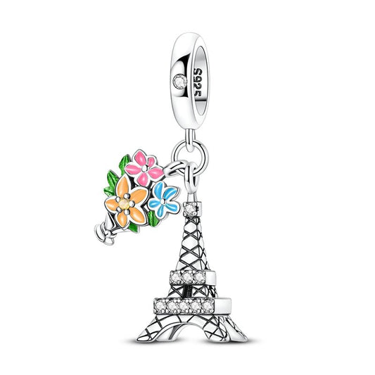 Eiffel Tower with Floral Bouquet Dangle Charm