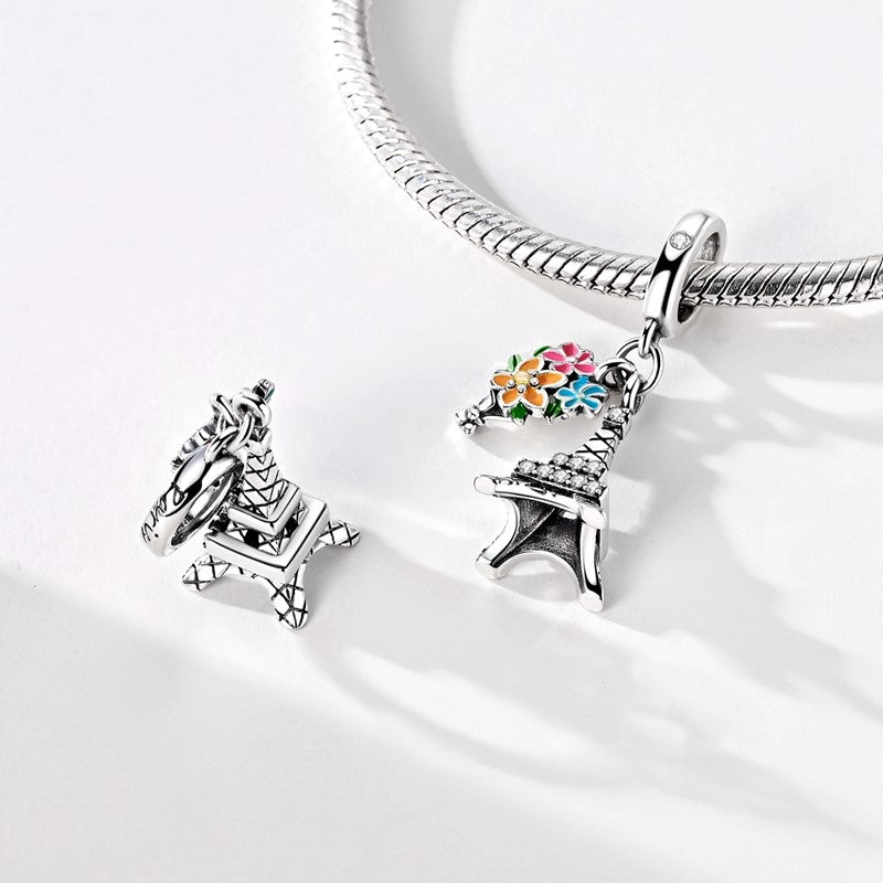 Eiffel Tower with Floral Bouquet Dangle Charm