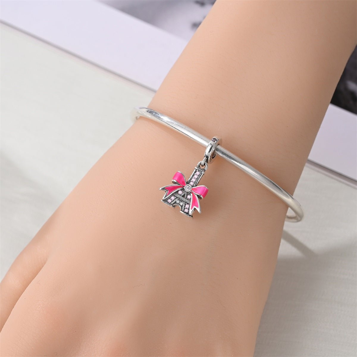 Eiffel Tower with Pink Bow Dangle Charm