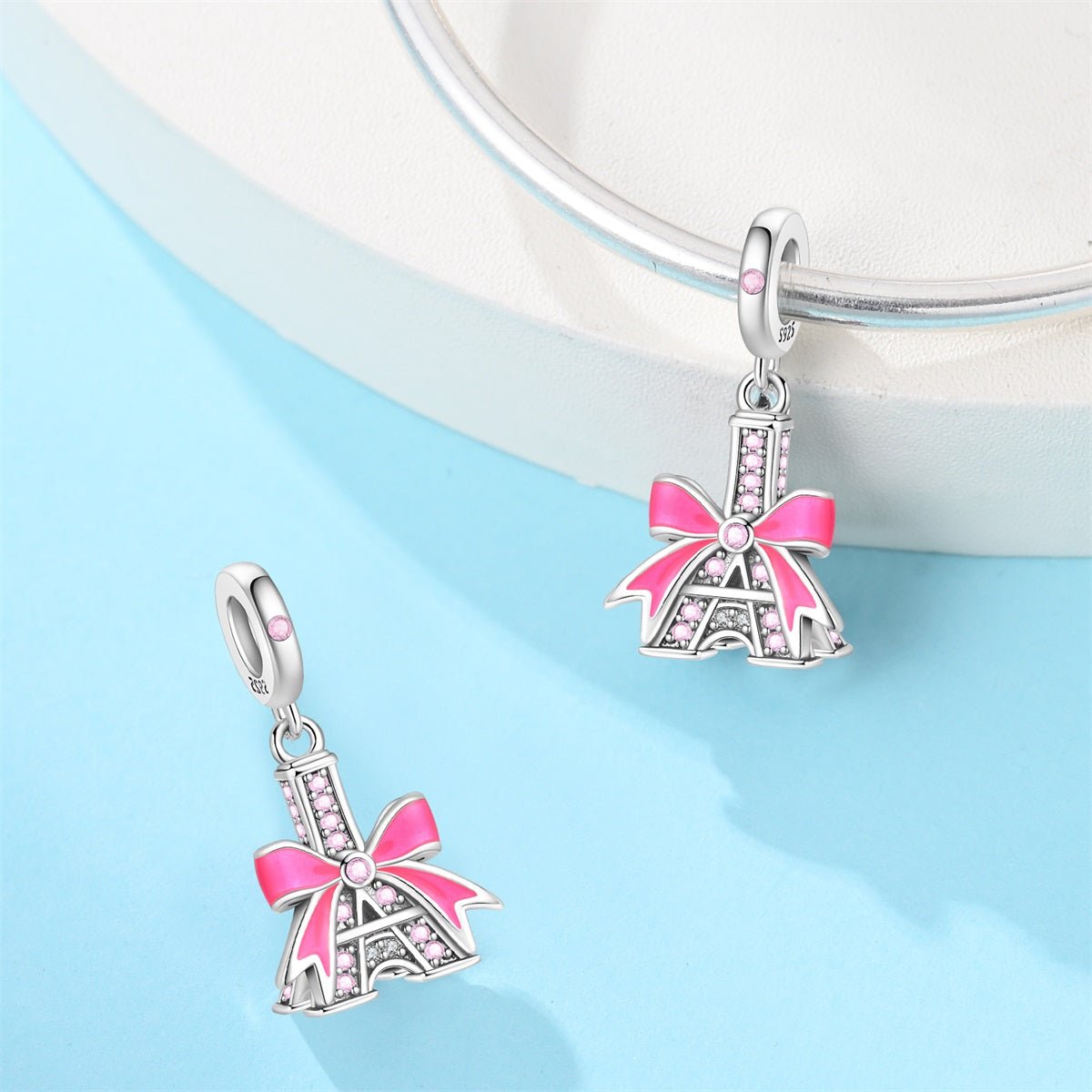 Eiffel Tower with Pink Bow Dangle Charm