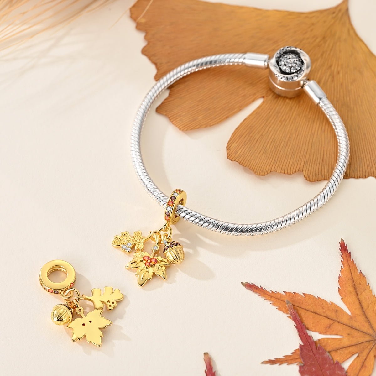 Gold Autumn Leaves & Acorn Dangle Charm