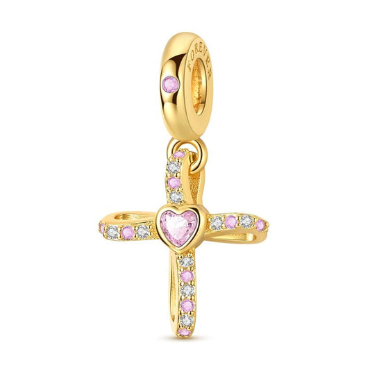 Gold Cross with Pink Heart Dangle Charm
