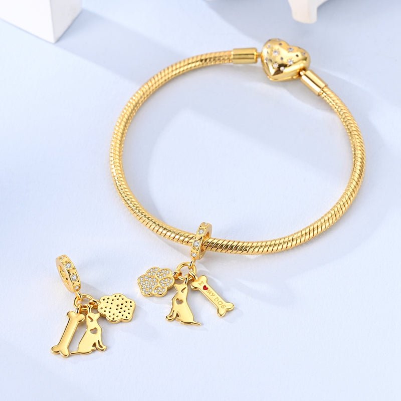 Gold I Love My Dog Paw, Bone & Puppy Dangle Charm