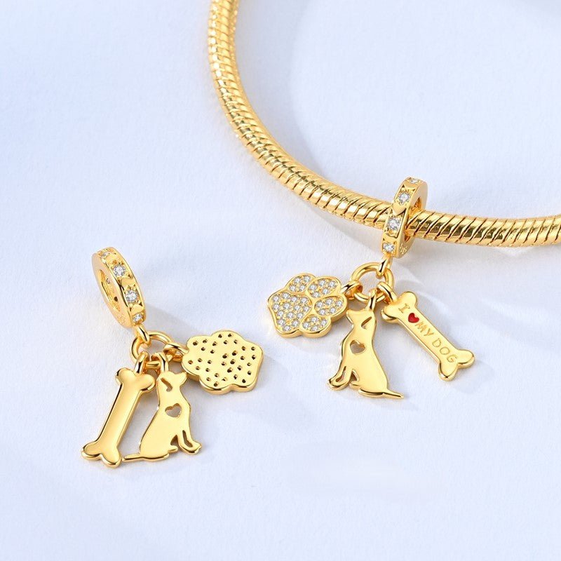 Gold I Love My Dog Paw, Bone & Puppy Dangle Charm