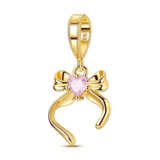 Gold Ribbon Bow with Pink Heart Dangle Charm