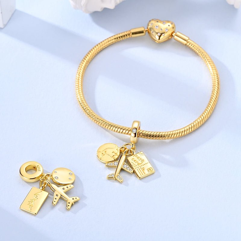 Golden Globe, Airplane & Postcard Triple Dangle Charm