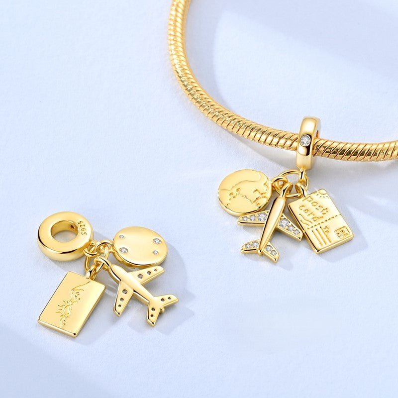 Golden Globe, Airplane & Postcard Triple Dangle Charm