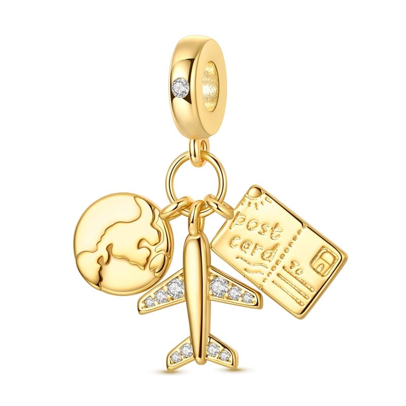 Golden Globe, Airplane & Postcard Triple Dangle Charm