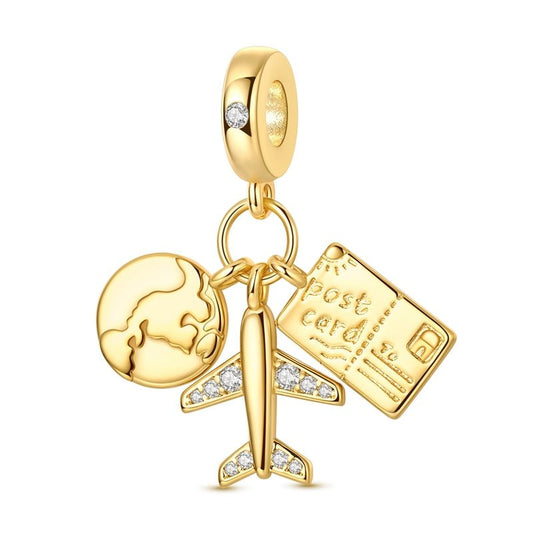 Golden Globe, Airplane & Postcard Triple Dangle Charm