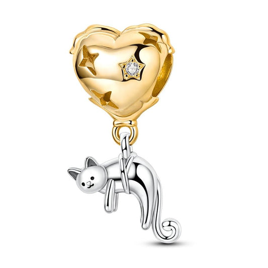 Golden Heart with Playful Cat Dangle Charm