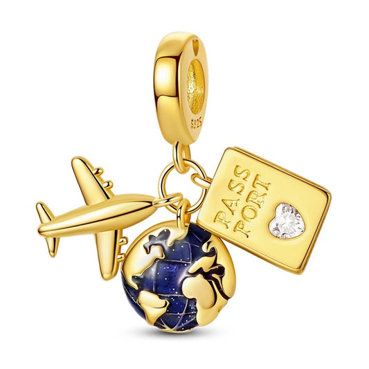 Golden Passport, Globe & Airplane Triple Dangle Charm