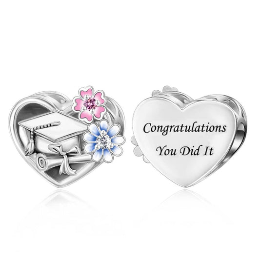 Graduation Cap & Diploma with Flowers "Congratulations You Did It" Heart Charm
