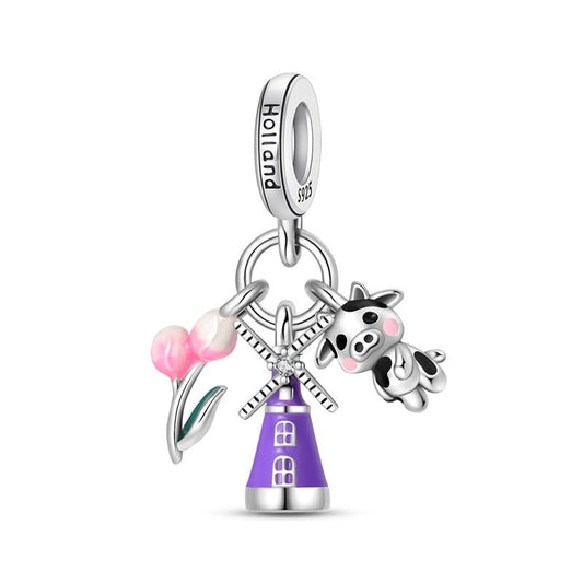 Holland Windmill, Tulips & Cow Dangle Charm