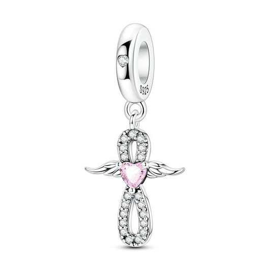 Infinity Angel Wings with Pink Heart Dangle Charm