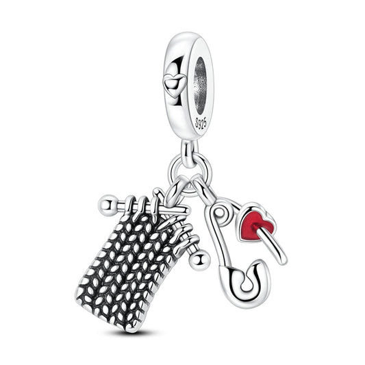 Knitting & Heart Safety Pin Dangle Charm