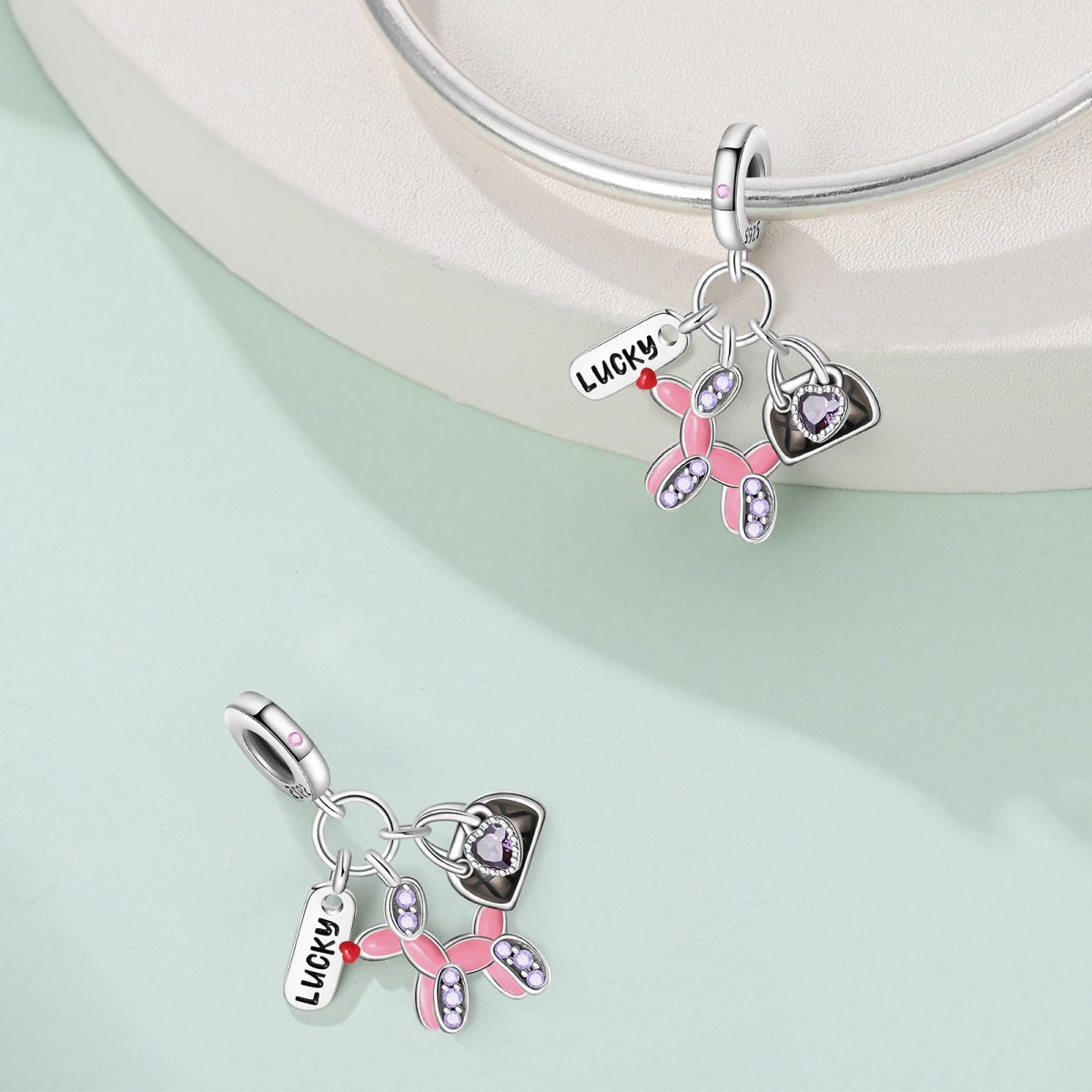 Lucky Balloon Animal, Heart Bag, & Lucky Tag Triple Dangle Charm