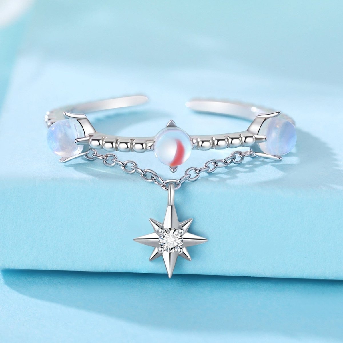 Lunar Glow Opal and Star Chain Adjustable Ring