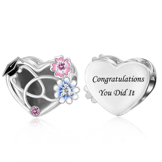 Medical Graduation Stethoscope & Flowers "Congratulations You Did It" Heart Charm