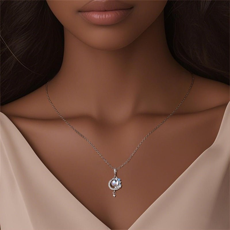 Moon & Star Necklace with Blue Stone