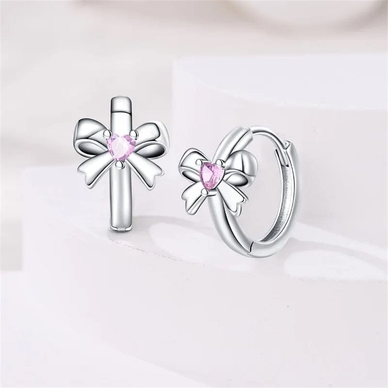 Pink Heart Gemstone Bow Hoop Earrings