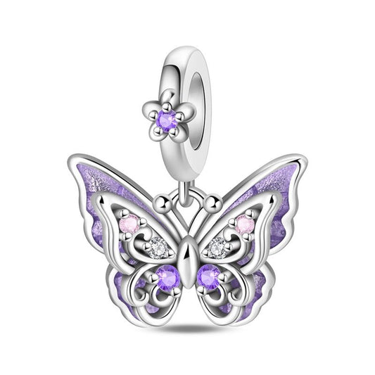 Purple Butterfly with Flowers Dangle Charm