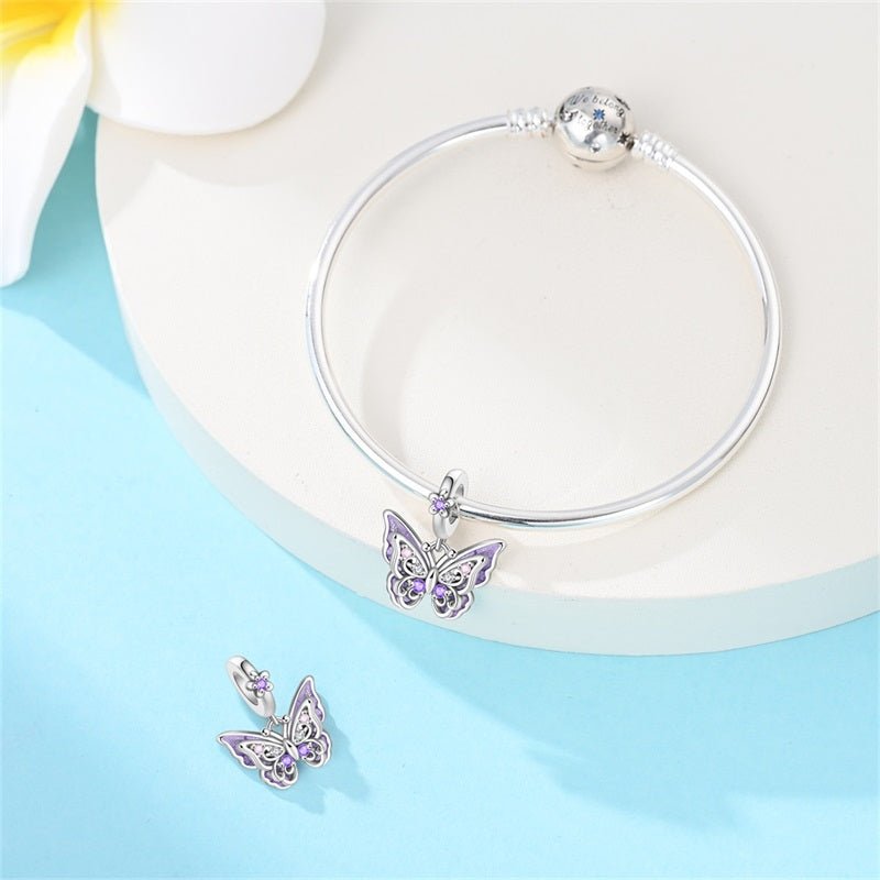 Purple Butterfly with Flowers Dangle Charm